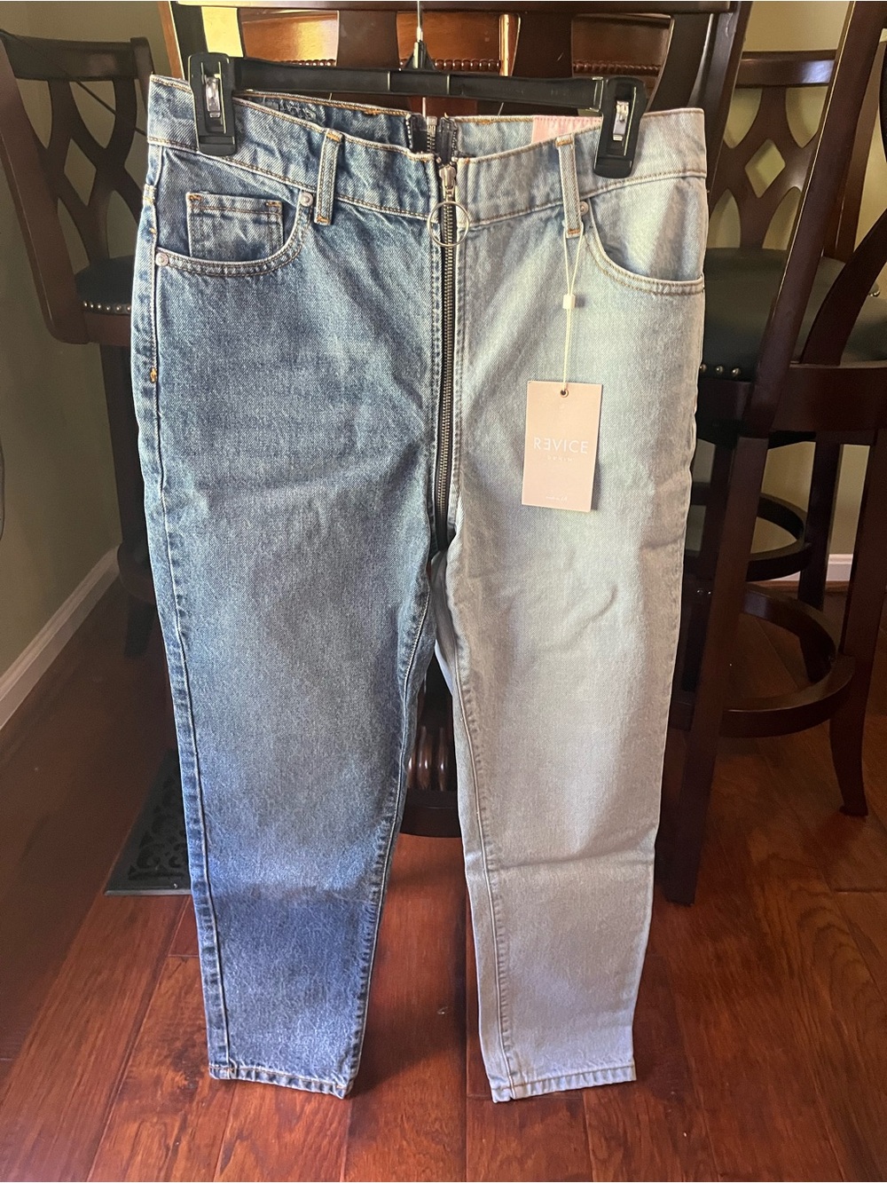 NWT REVICE 2-Tone Front & Back Full-Zip Crop Jeans Light & Medium Blue. Size 29.